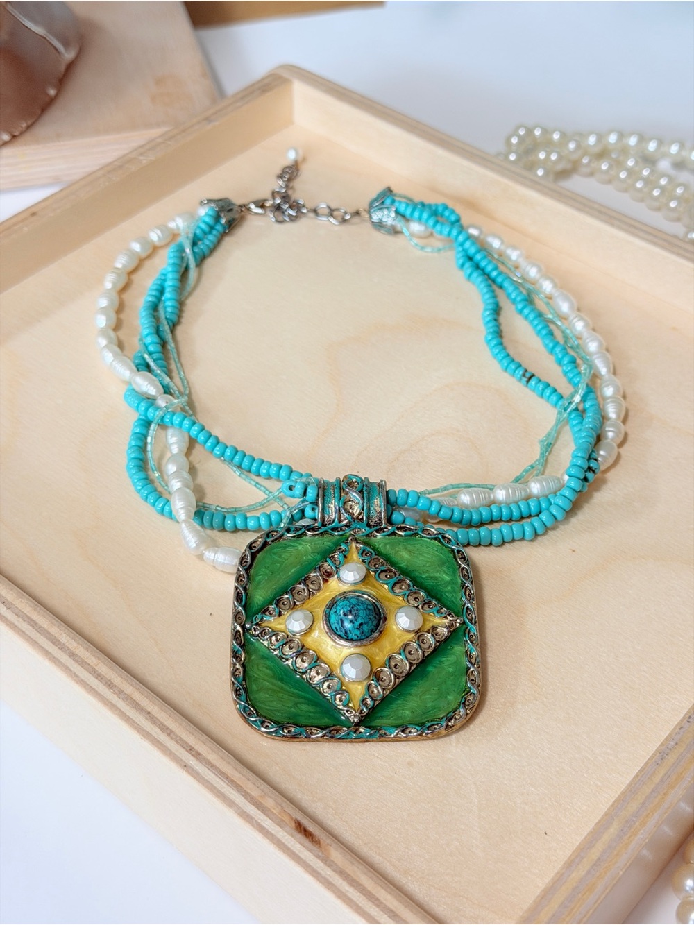 Vintage Handcrafted Turquoise & Green Statement Pendant Necklace - Women Jewelry
